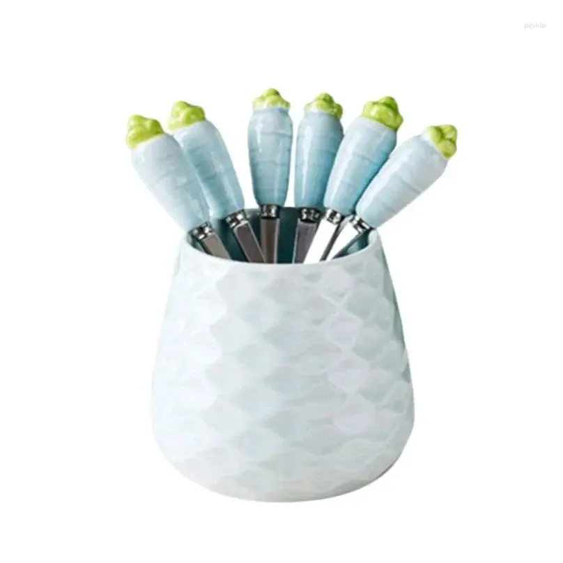 Dinnerware Sets Cute Ceramic Jar Fruit Fork Set 304 Stainless Steel Cake Home Party Dessert Storage Child Tableware