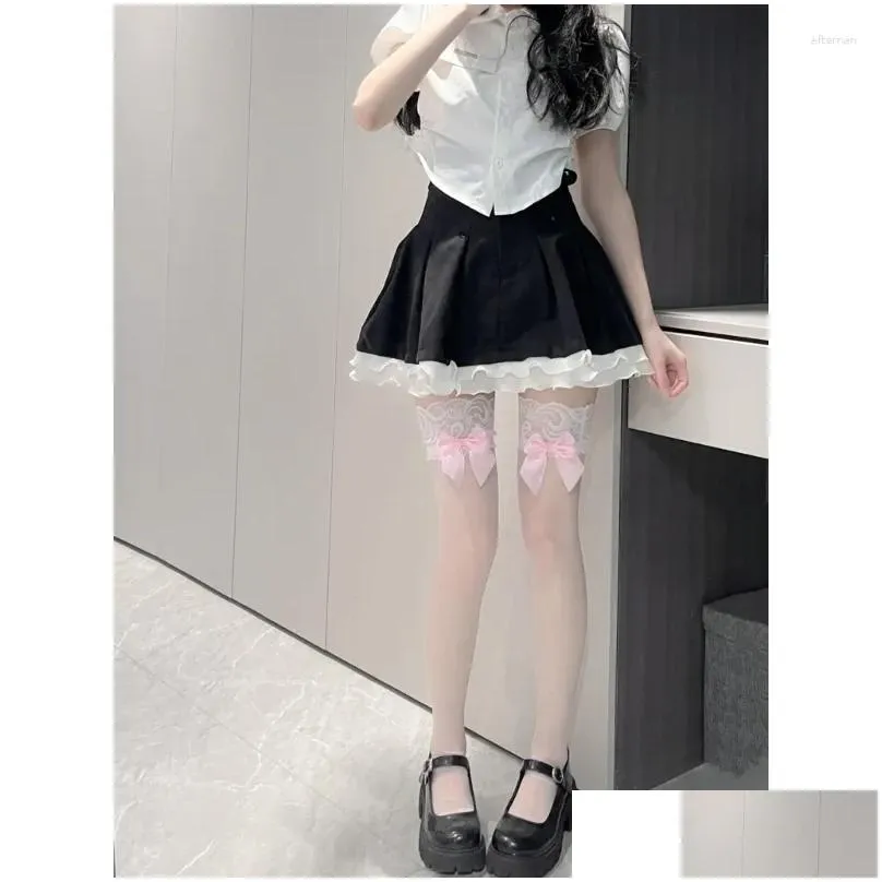 Women Socks Lace Top Silky Thigh High Stockings With Sweet Bowknot Japanese Summer Thin Nightclub Over Knee Long Sock