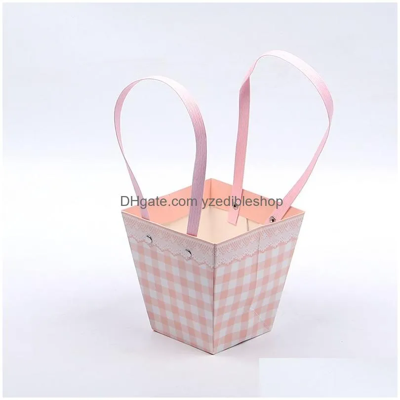 300pcs/lot creative folding flower box with tote portable waterproof florist bouquet packaging case candy snack wrapping basket