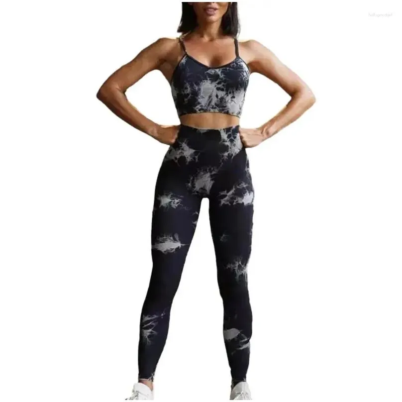 Women`s Two Piece Pants Sports Vest Set Adjustable Strap Tie-dye For Summer Sportswear Breathable Sleeveless Top High Waist