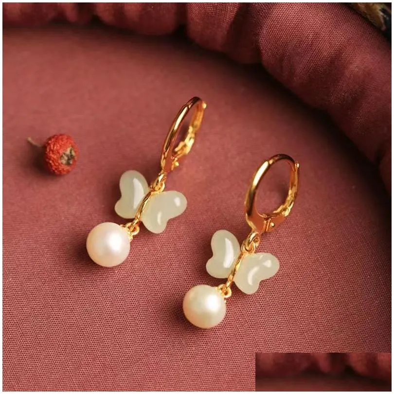 Other Fashion Accessories Style Earrings Female Pearl Inlaid With An Jade Antique Small Butterfly Drop Delivery Otpxg