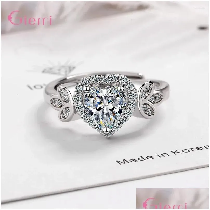 Cluster Rings Heart Shape Zircon Opening Ring For Women Pure 925 Sterling Silver Fashion Wedding Free Size Fine Jewelry Bijoux