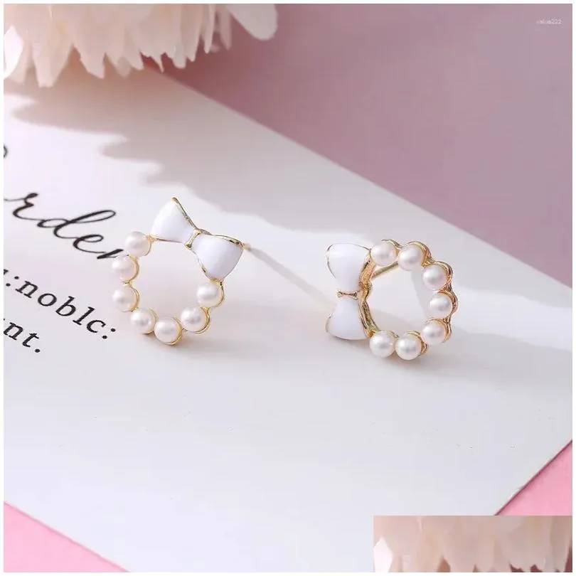 Stud Earrings 2024 Korean Elegant Fashion Round Crystal Wreath Bow For Women Imitation Pearls Jewelry Oorbellen Gift