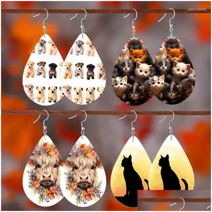 Dangle Earrings SOMESOOR Cute Animal Series Ear Jewelry - Cartoon Puppy Kitten Cow Pattern Print Wooden Teardrop For Girls Kid