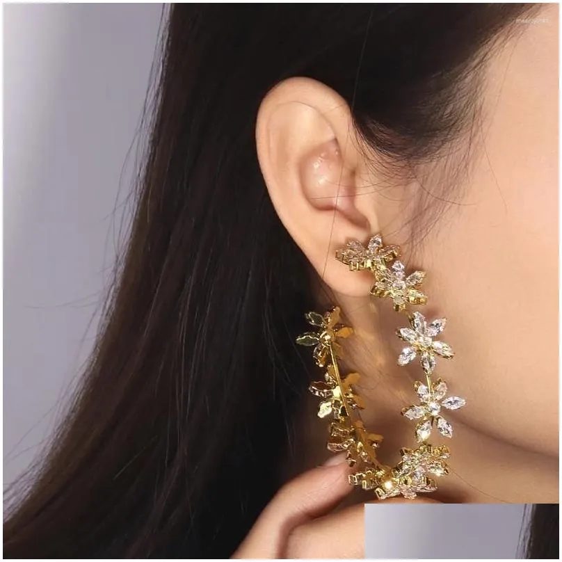 Hoop Earrings Fashion Bridal Large Flower Party Jewelry For Women 2024 Luxury Design Zircon Hanging Wedding Accessories