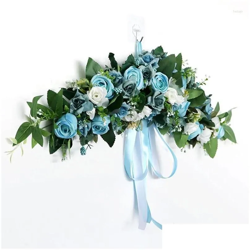 Decorative Flowers Artificial Rose Flower Swag With Blue And Green Leaves For Wedding Arch Front Door Wall Decor