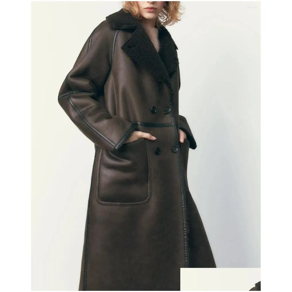 Women`s Leather PERITANG Winter Medium Length Double-side Coat Artificial Wool High Quality Thicken Trench Outwear Mujer