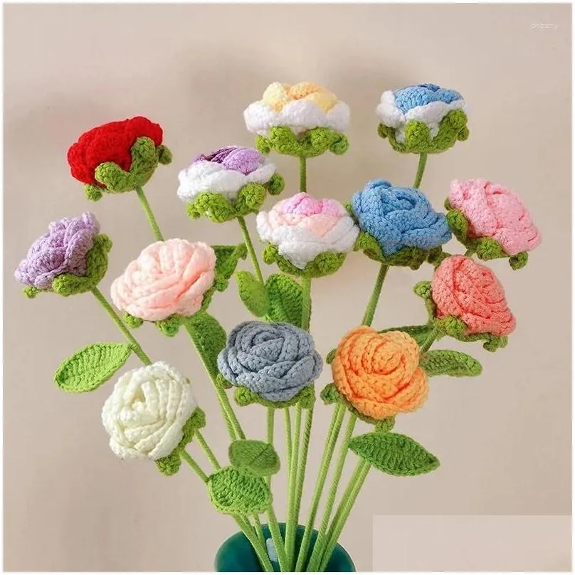 Decorative Flowers 5pcs/bag DIY Knitting Bouquet Rose Flower Hand-Knitted Fake Knit Home Table Wedding Gifts