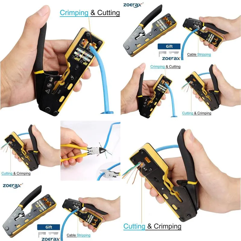 Tools Networking Tools ZoeRax RJ45 Crimp Tool Pass Through Crimper Cutter for Cat6 Cat5 Cat5e 8P8C Modular Connector Ethernet All in