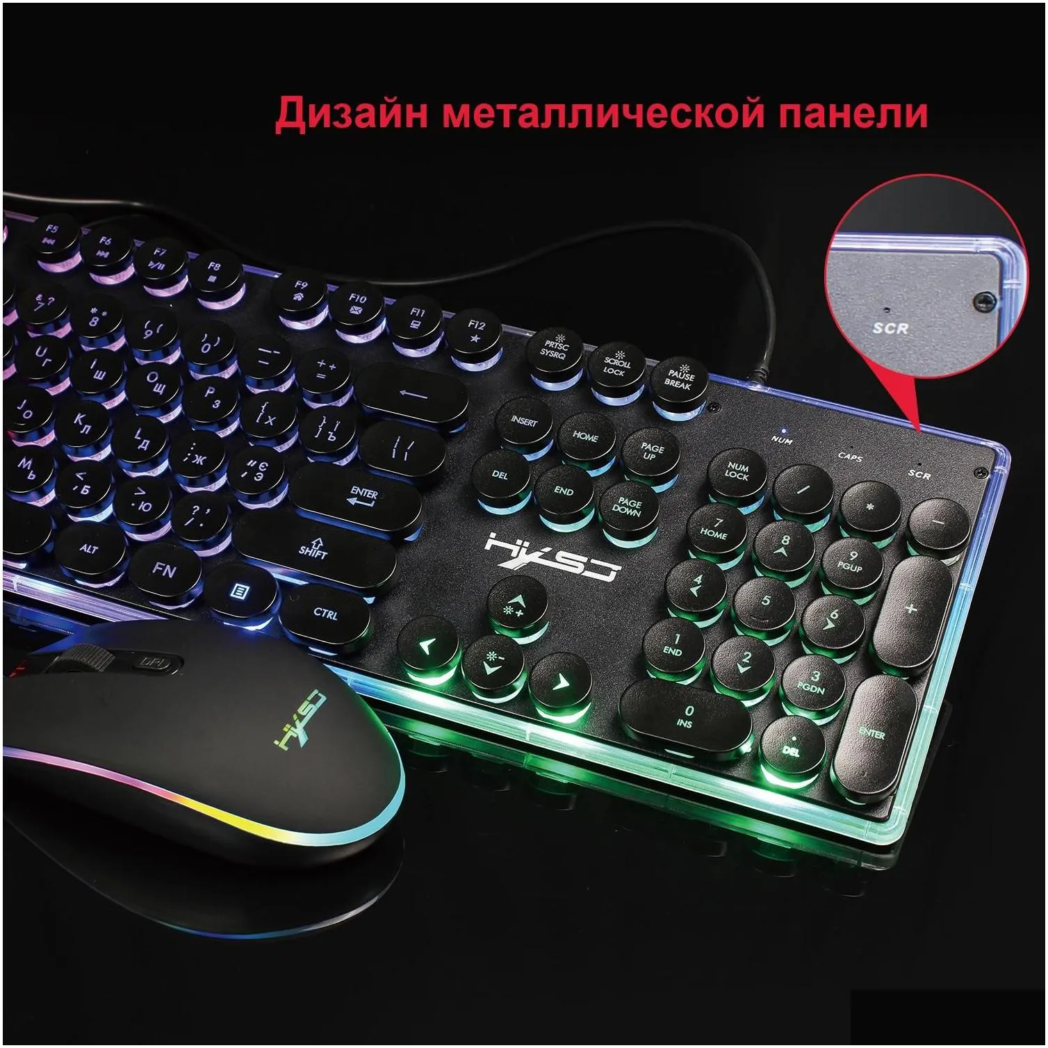Combos 104 Gaming Russian Keyboard Mouse Combos Retro Round Keycap RGB Backlit USB Wired Typewriter Keyboards Mice Set Kit for Gamer