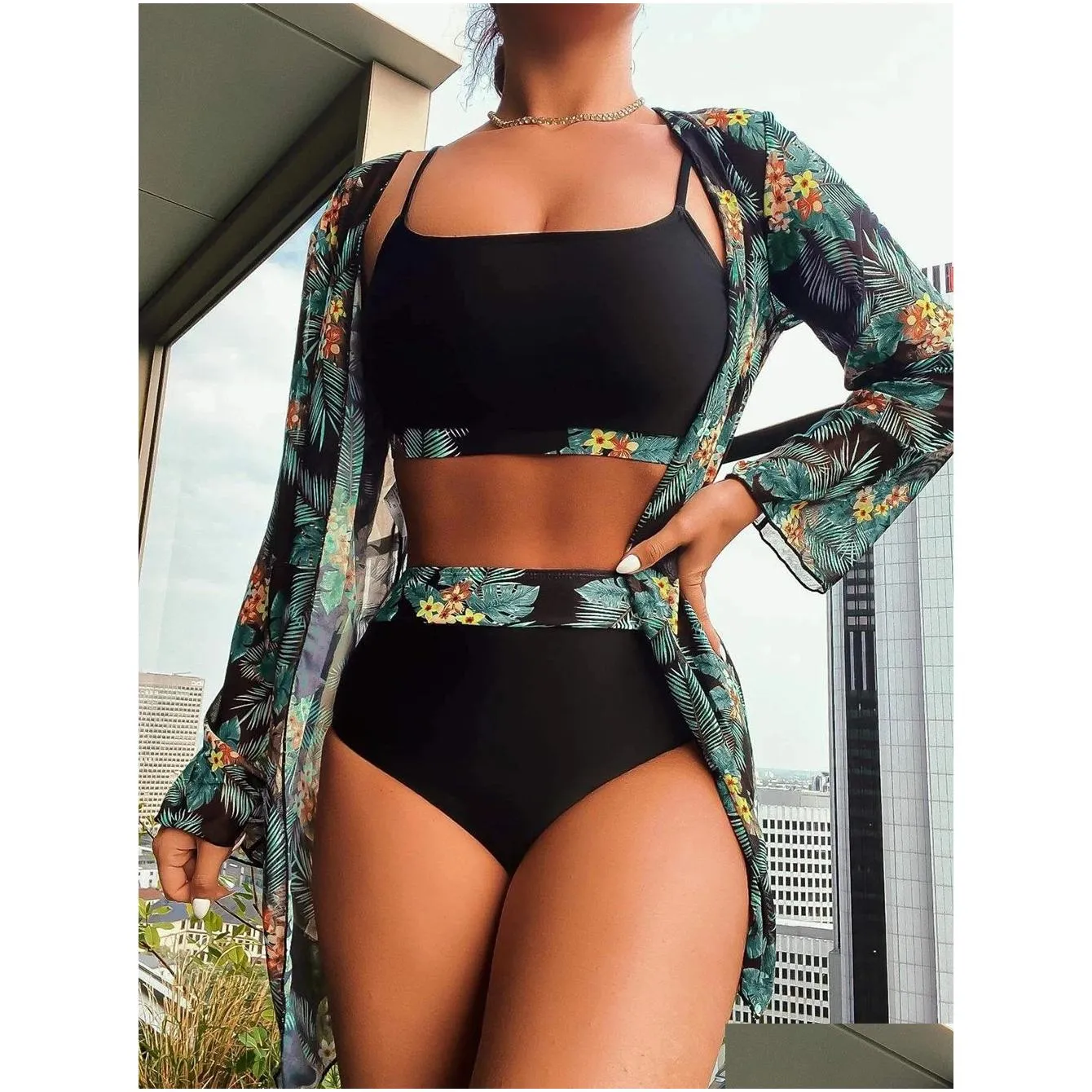 Hot Selling Women Bikini 3 Pieces Suit Black/Green/Red Bikini Sets With Long Sleeved Cover Ups High Quality Size Small-XXLarge