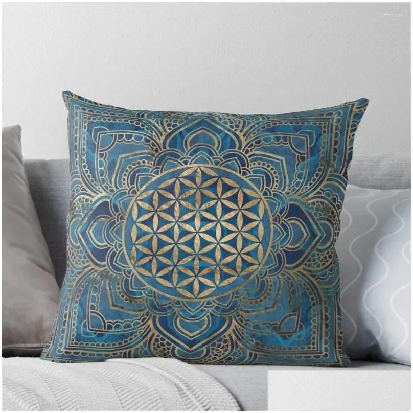 Pillow Flower Of Life In Lotus Mandala - Blue Marble And Gold Throw Sofas Covers Cover