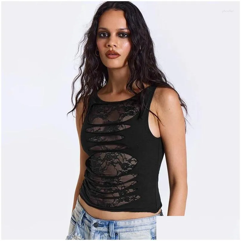 Women`s Tanks Sexy Women Lace Mesh Patchwork Bustiers Crop Tops Slim Hole Vest Top Harajuku Lady Sleeveless Ripped Tank Corset