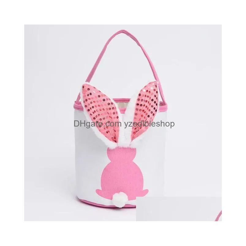 led flashing light sequin bunny easter basket handbag bags rabbit egg basket hunt bags canvas cotton bucket tote with fluffy tail for kids party decoration daily