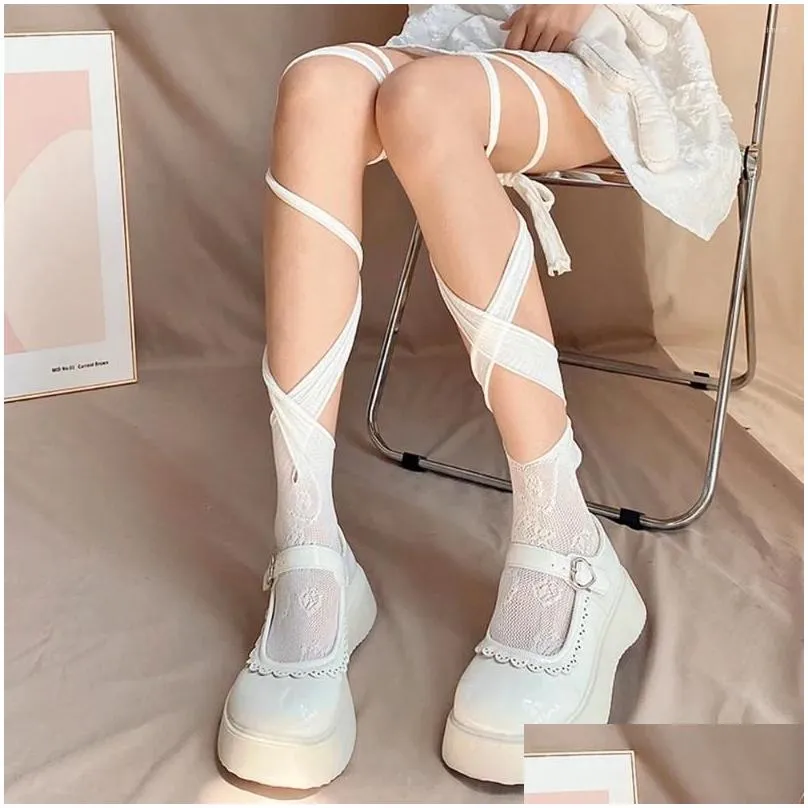 Women Socks Bandage JK Woman Black White Lolita Long Tight Cross Lace-Up Thigh High Thin Sock Kawaii Cos Sexy Cotton Stockings