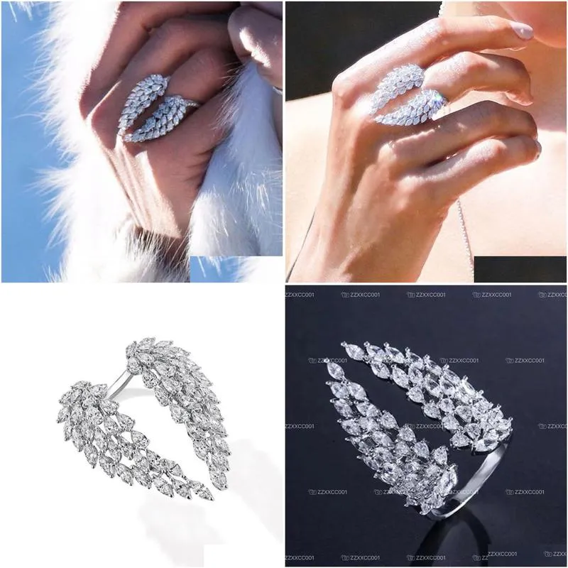 Sparkling Vintage Fashion Jewelry Sterling Sier Full Marquise Cut White Topaz CZ Diamond Eternity Wing Wedding Feather Adjustable Ring paty