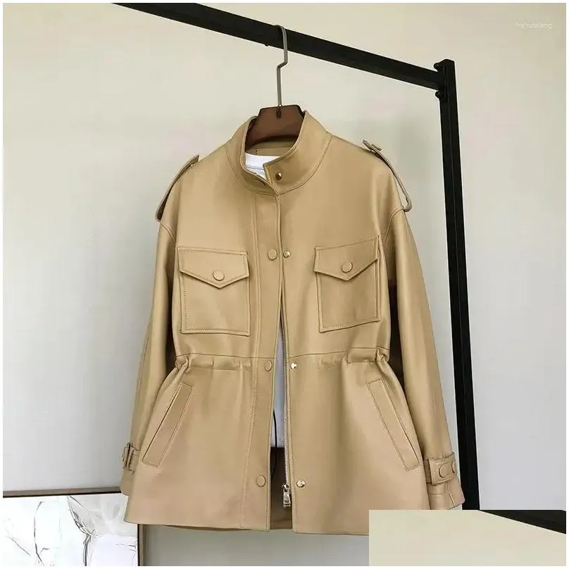 Women`s Leather Spring Genuine Coat Long Waist Wrapped Sheepskin Windbreaker