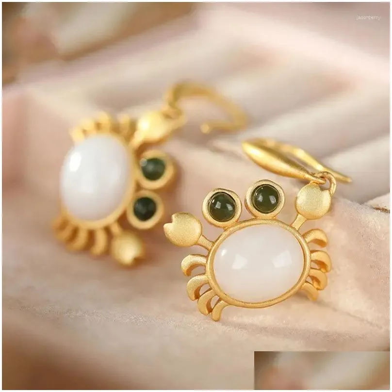 Dangle Earrings S925 Sterling Silver Natural Hetian White Jade Cute Little Crab Ear Stud Earring Elegant And Ethnic Style Lucky Retro