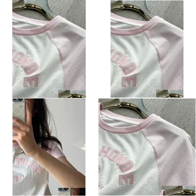 Women`s T Shirts Light Pink Letters Embroidery Women T-Shirt 2024 Spring/summer O-Neck Short Sleeve Sweet Contrast Tee Tops