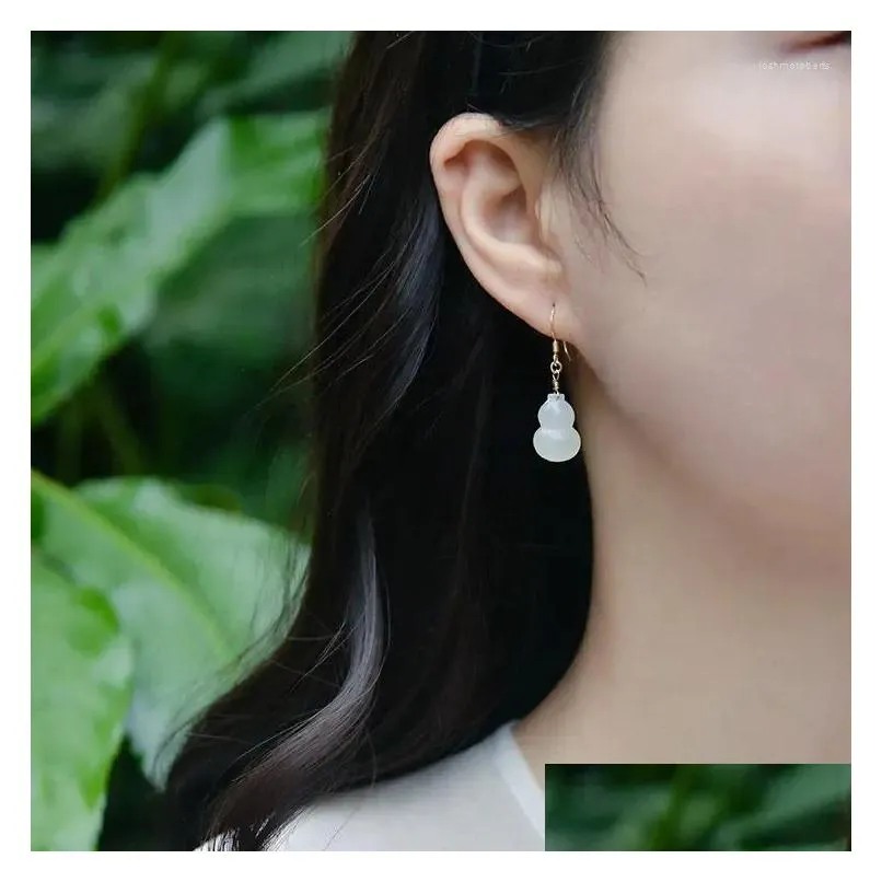 Dangle Earrings Natural Hetian Jade White Gourd S925 Sterling Silver Trendy Exorcising And Fortune Drawing Ornament For