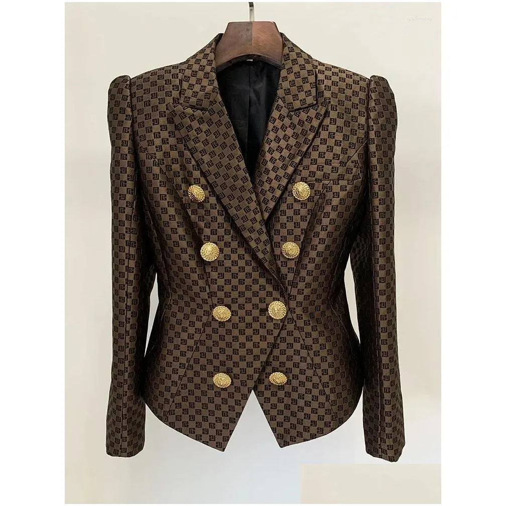 Women`s Suits Vintage Brown Trendy Double Breasted Jacquard Suit Jacket Women Chic Design Slim Fit Formal Blazer Coat Spring Autumn