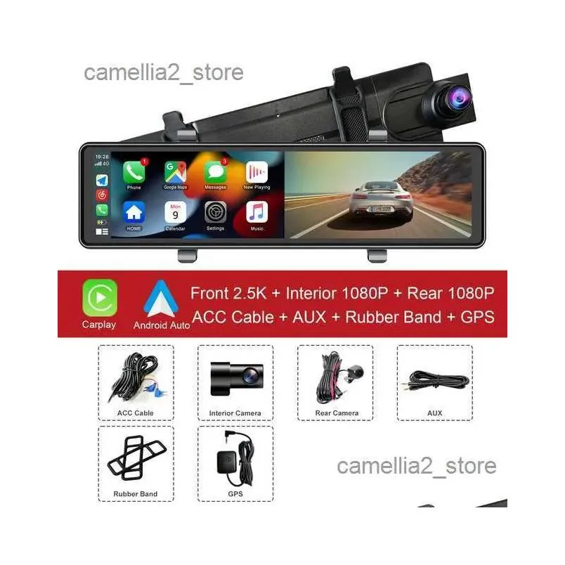 car dvr ADINKAM 12 Inch 3 CHS 2.5K Dashcam  Carplay Android Auto Support AUX Portable Rearview Mirror Camera Built in WIFI