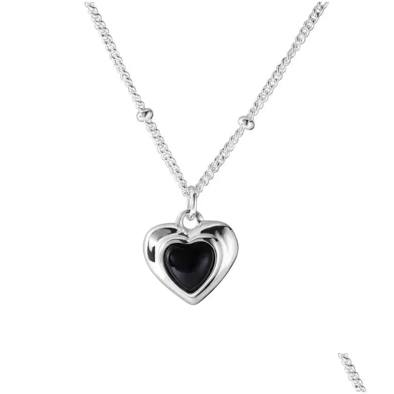 Necklaces Real S925 Sterling Silver Supports Detection of Love Black Agate Necklace Lovely Sweet Girl Heart Temperament Clavicle Chain