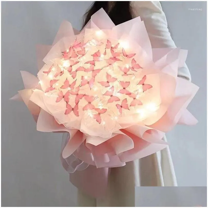 Decorative Flowers DIY Butterfly Bouquets Handmade Flower Material Package Bouquet With Light String Wedding Decor Exquisite Gift For