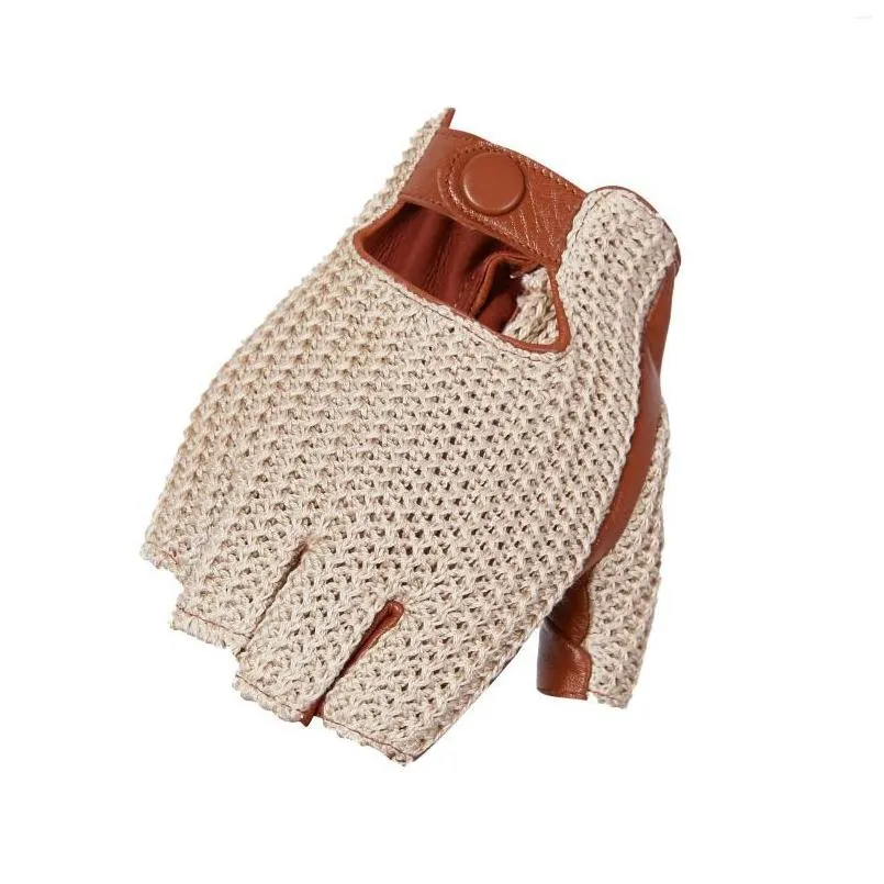 Cycling Gloves Men`s Half-finger Leather Anti-skid Motorcycle Driving Woven Goatskin Touch Screen Thin Section