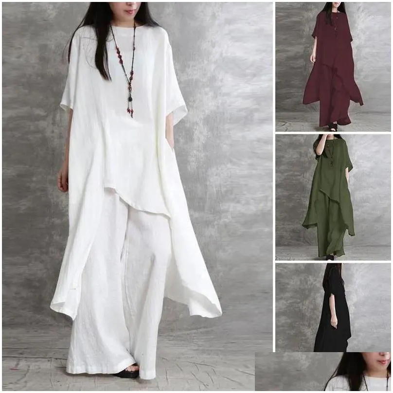 Women`s Two Piece Pants Woman Casual Solid Suit 3/4 Sleeve Slanted Neckline Blouse Wide Leg 2pcs Fashion Holiday Matching Sets