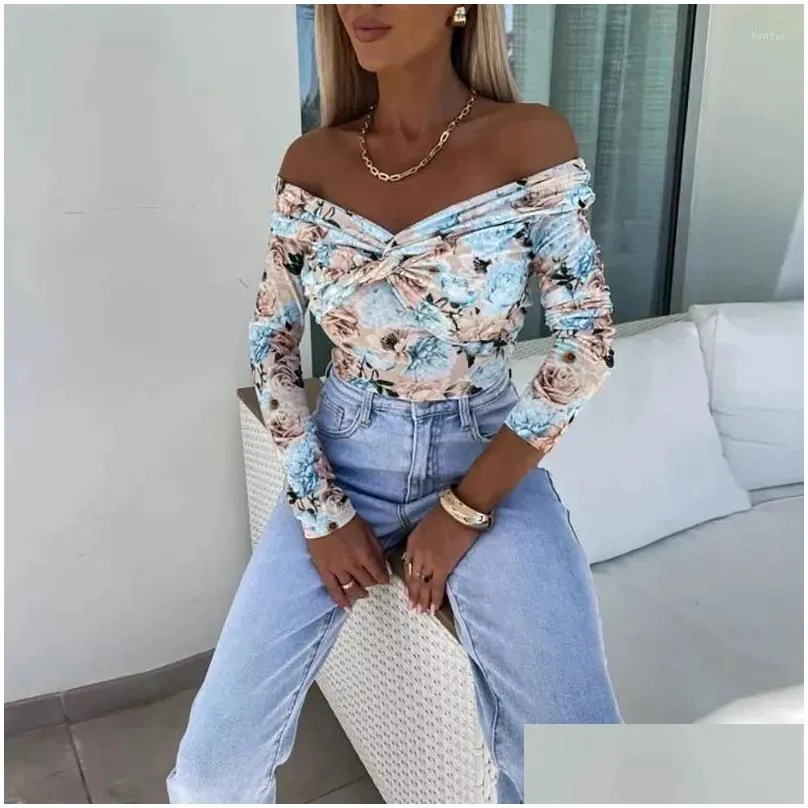 Women`s Blouses Women Elegant Flower Print Blouse Spring Sexy Off Shoulder Long Sleeve Shirt Autumn Fashion Twisted Knot Slim Pullover