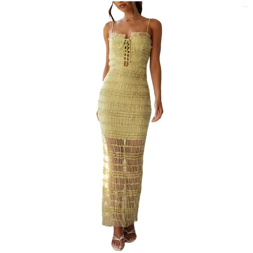 Casual Dresses Women Y2k Bodycon Long Dress Pleated Spaghetti Strap Backless Sexy Cocktail Part Streetwear
