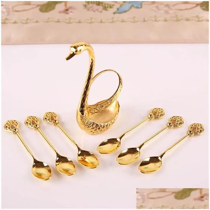 Dinnerware Sets Stainless Steel Creative Set Decorative Swan Base Holder With 6 Spoons For Coffee Fruit Dessert Stirring Mixing