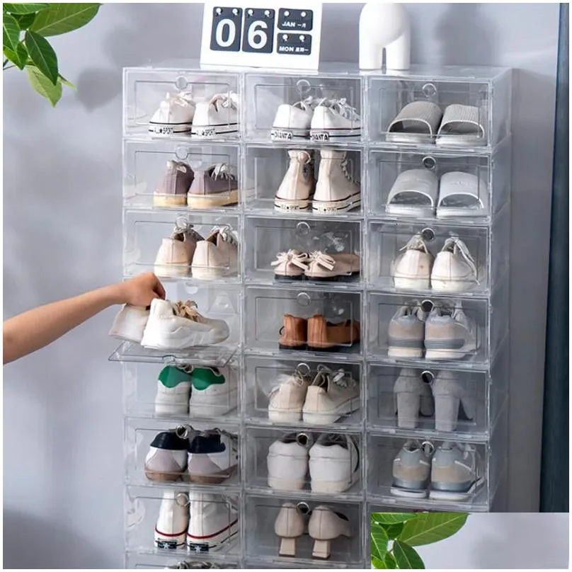 storage boxes bins clear fold plastic shoes case thickened transparent box door home closet organizer shelf stack 231114