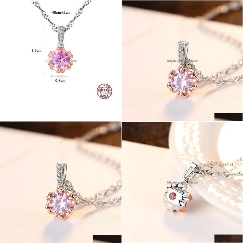 korea sweet style colorful gemstone s925 silver pendant necklace fashion women shiny zircon rose gold clavicalis chain necklace