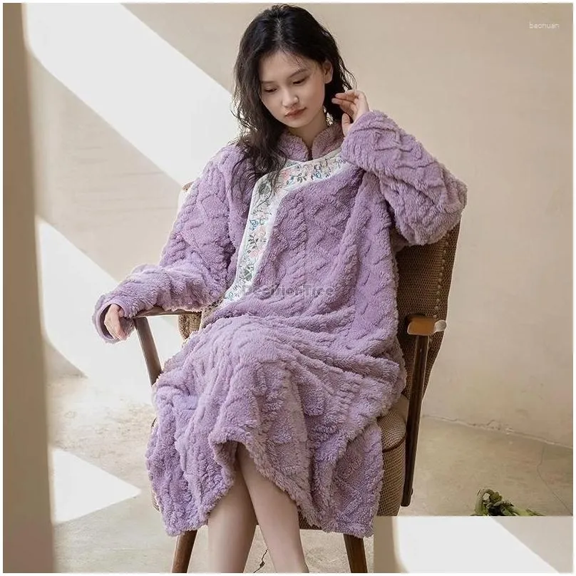 Ethnic Clothing 2024 Embroidery Chinese National Style Pajamas Women Coral Velvet Nightdress Long Sleeve Thick Autumn Winter Loose
