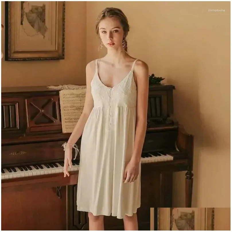 Women`s Sleepwear With Chest Pads Elegant Nightgown Women Summer Thin Pajamas Sexy Sling Cotton Casual Comfortable Homewear Dresses