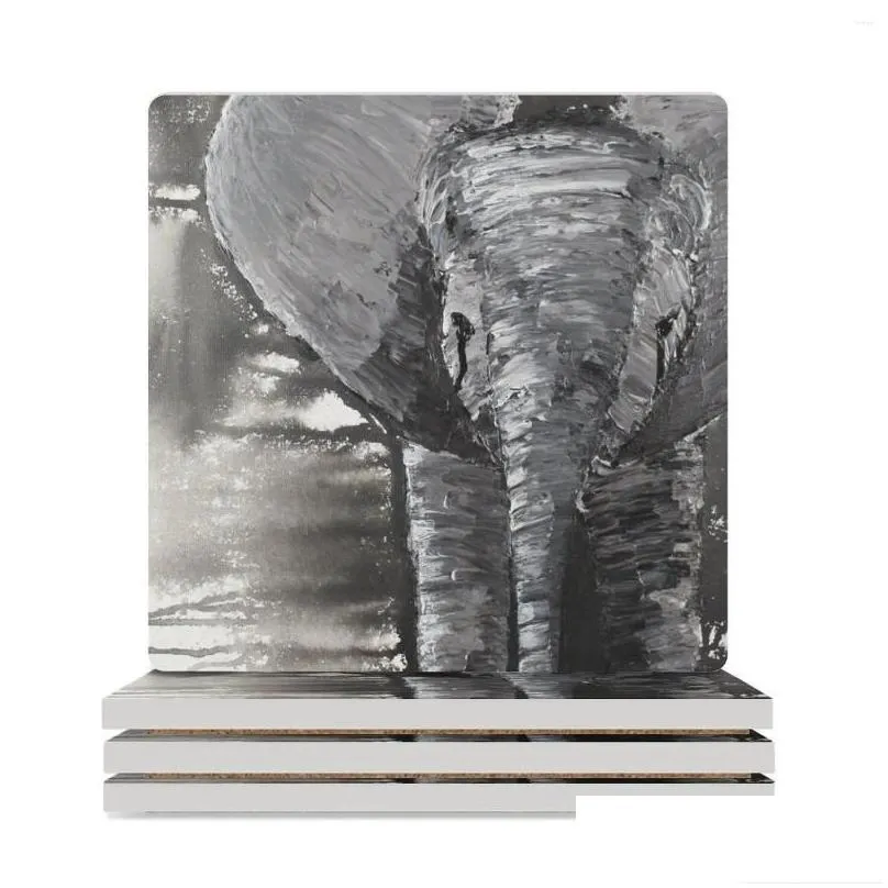 Table Mats Dark Elephant Ceramic Coasters (Square) Coffee Cup Stand Christmas Tea Animal