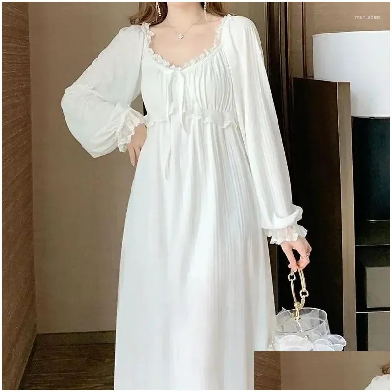 Women`s Sleepwear Nightgown Piece White Elegant Ruffles Dress Style Night Pajamas Home Korean Womens One Wear Autumn Lace Long Sleeve