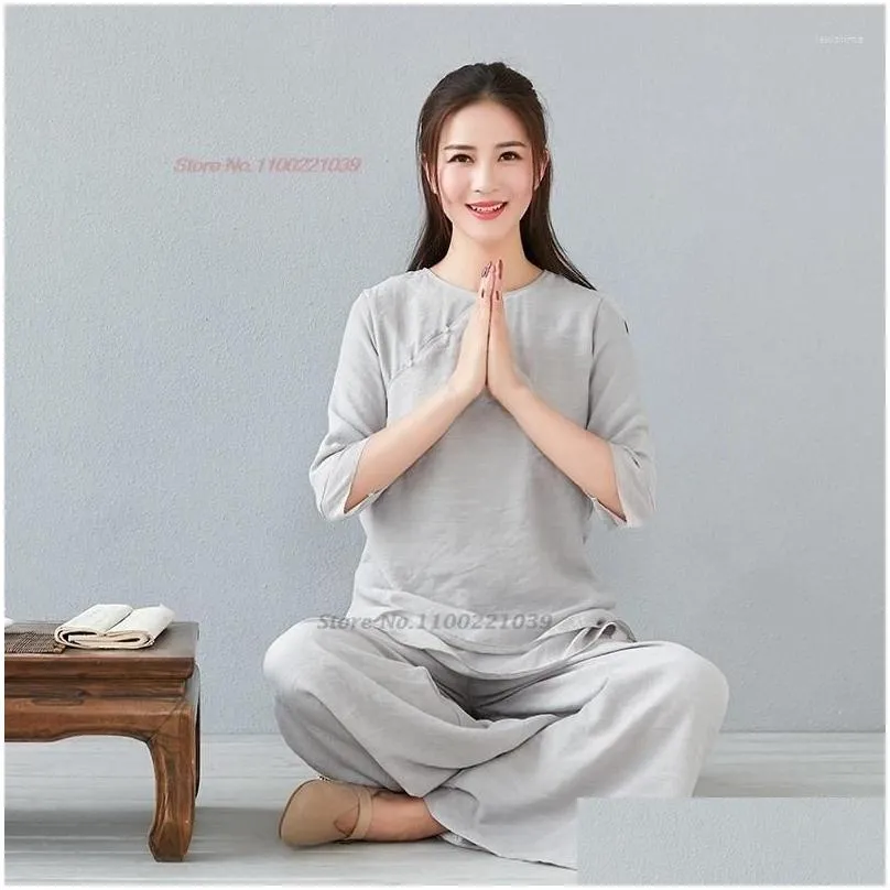 Ethnic Clothing 2024 Chinese Kungfu Tai Chi Martial Arts Yoga Wushu Uniform Cotton Linen Tops Pants Set Exercise Training Suit