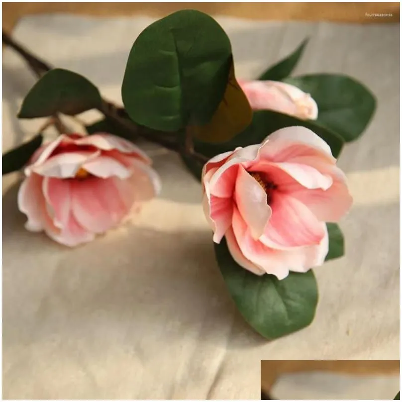 Decorative Flowers 1Pcs Luxury Long Stem 3Heads Artificial Magnolia Flower Branch For Home Wedding Decoration Fake Garden Decor Flores
