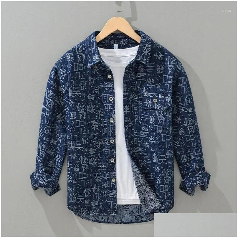 Men`s Casual Shirts Spring Denim Shirt Men Trend Streetwear Chic Long Sleeve Tops Chinese Character Surnames Jacquard Blue Jean