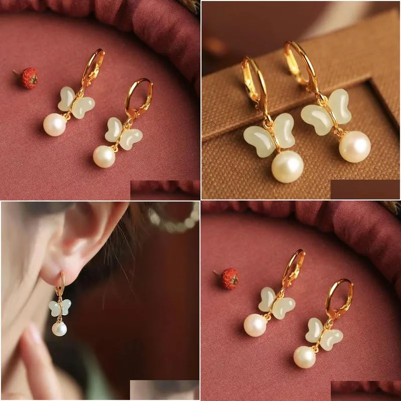 Other Fashion Accessories Style Earrings Female Pearl Inlaid With An Jade Antique Small Butterfly Drop Delivery Otmev