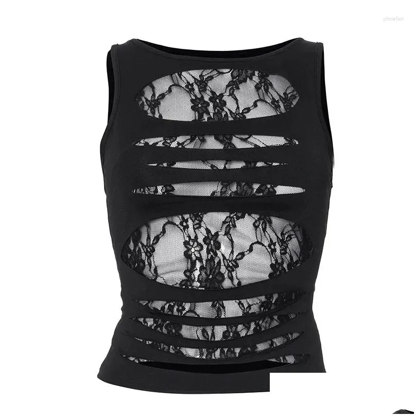 Women`s Tanks Sexy Women Lace Mesh Patchwork Bustiers Crop Tops Slim Hole Vest Top Harajuku Lady Sleeveless Ripped Tank Corset