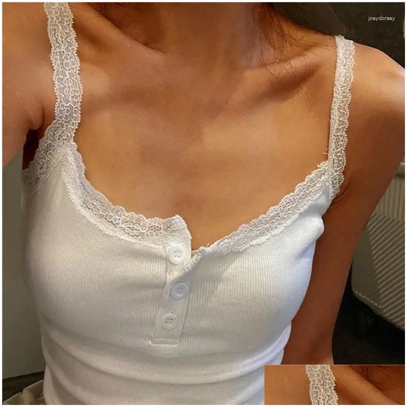 Women`s Tanks Y2k Women Sexy Lace Tank Top Sleeveless Cute Knitted Crop Summer Versatile Sports Vest Female Sleepwear Tee Shirt