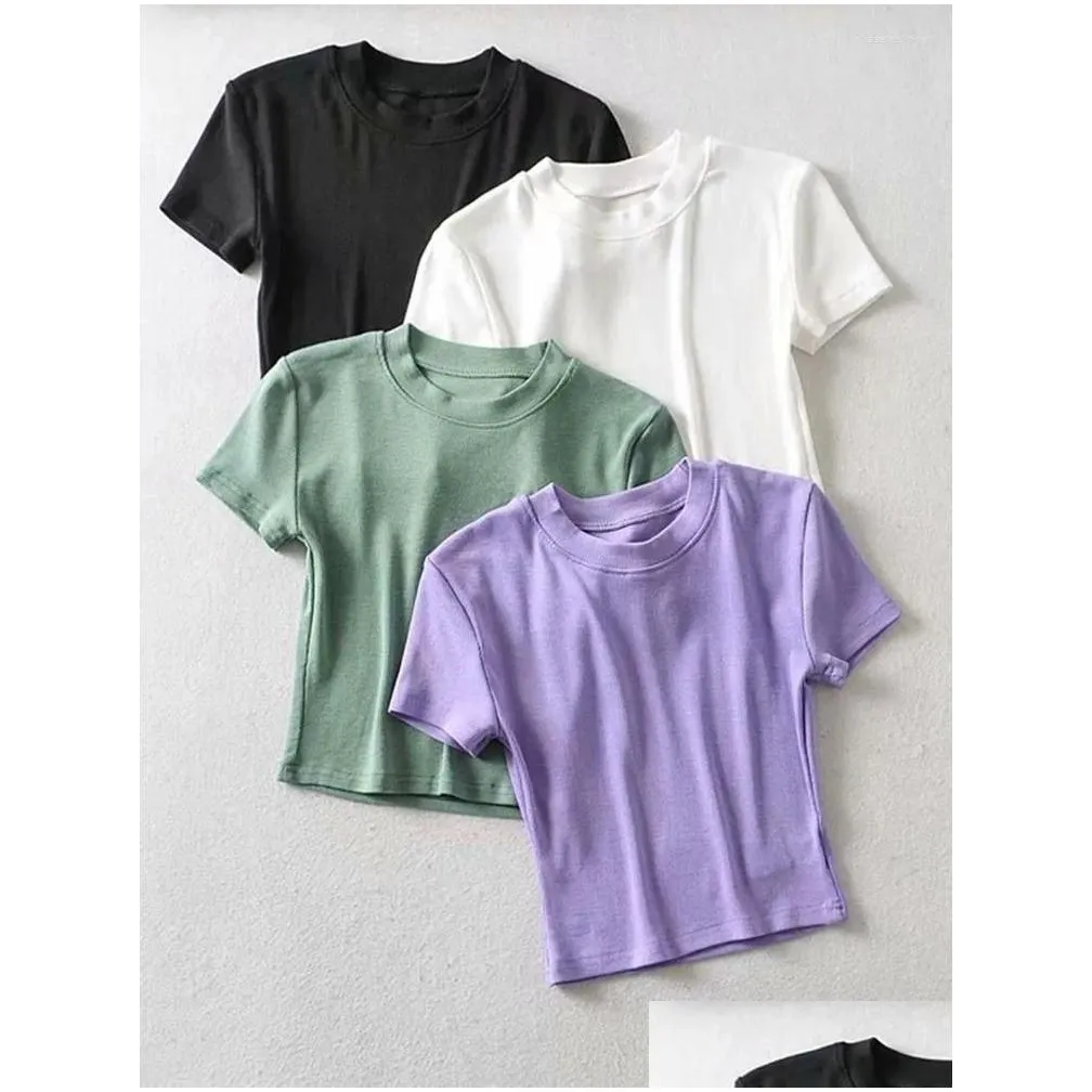 Women`s T Shirts Women Crew Neck Crop Fitted T-shirt Short Sleeve Ribbed Top