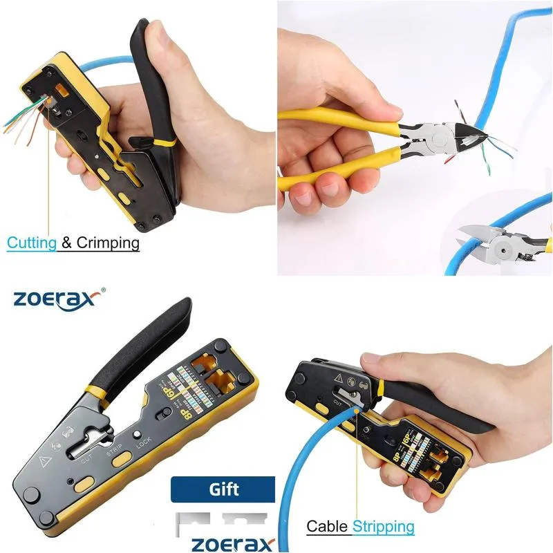 Tools Networking Tools ZoeRax RJ45 Crimp Tool Pass Through Crimper Cutter for Cat6 Cat5 Cat5e 8P8C Modular Connector Ethernet All in