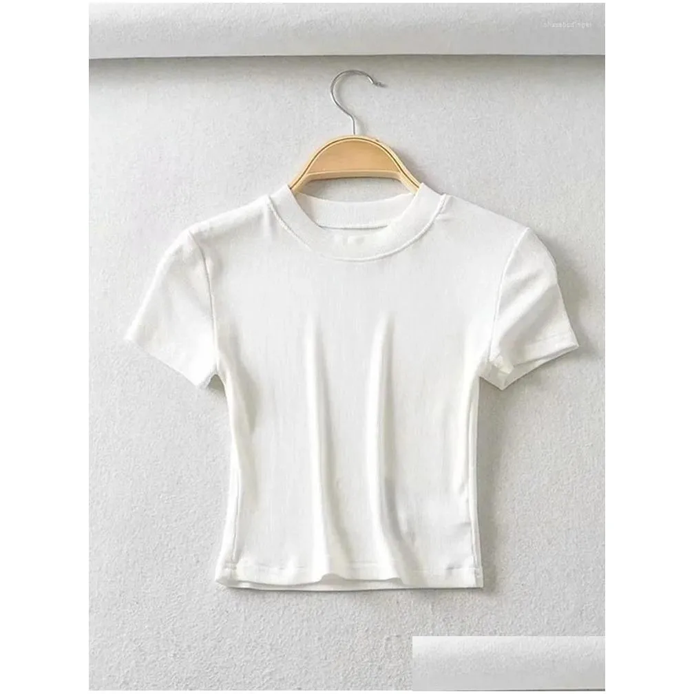 Women`s T Shirts Women Crew Neck Crop Fitted T-shirt Short Sleeve Ribbed Top