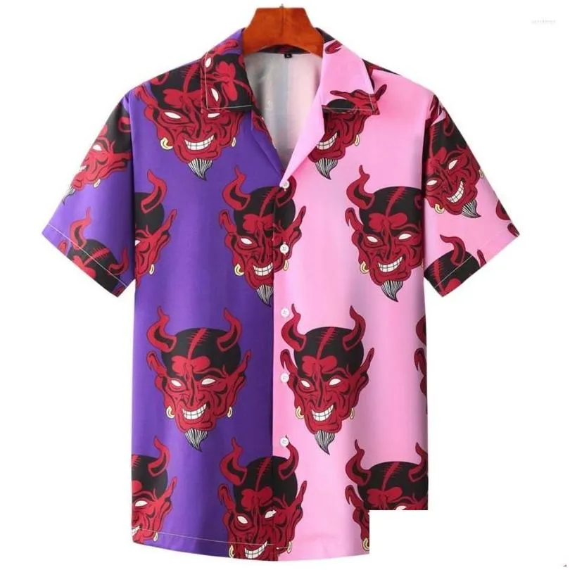 mens casual shirts 3d horror devil print mens short sleeve shirt turn-down collar buttoned cardigan tops fashion trend regular fit