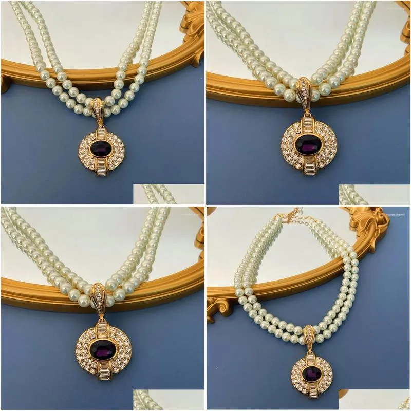 Chains Medieval Vintage Jewelry Pearl Multi-layer Hand-made Glass Rhinestone Necklace Marked Plated Gold Brooch